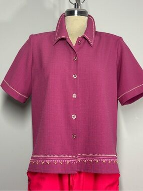 Alia Fuchsia Short-Sleeve Button Front Blouse with Embellished Hem